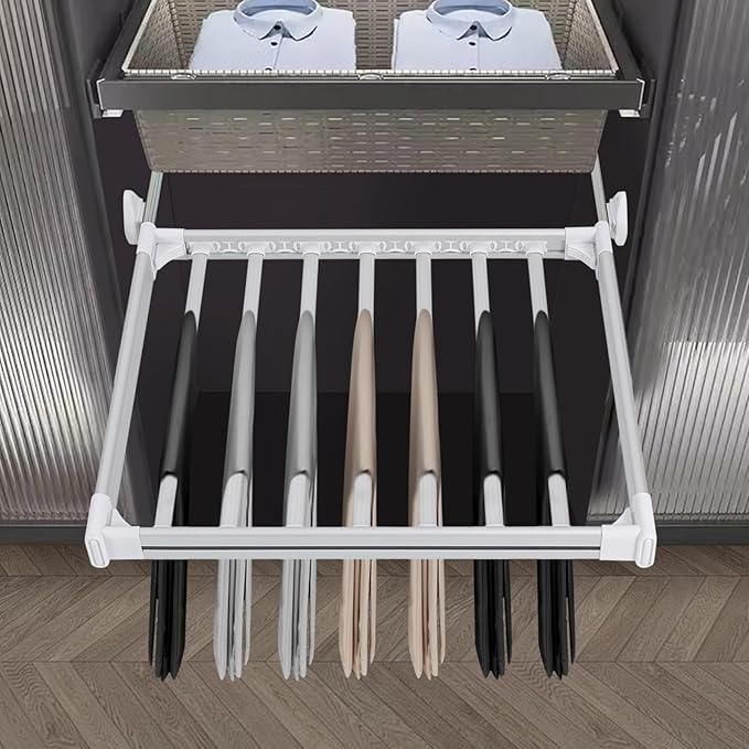 11 Arms Slide Out Pants Rack Closet Pants Hanger Bar Pull Out Trousers Rack Tie Belts Scarf Racks, Top Mounted Wardrobe Clothes Organizers Rail Pull Out Closet Storage Rod-Silver White