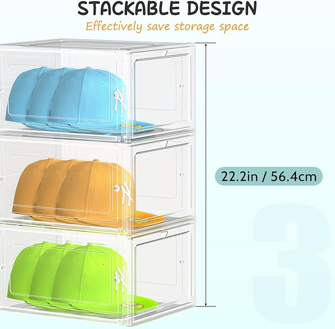 6 Pack Hat Organizer Box, Stackable Clear Baseball Caps Holder Box Containers with Magnetic Door for Hats Snapback Cap Storag, Hat Rack Display Case, Holds 8 Hats Each (Clear)