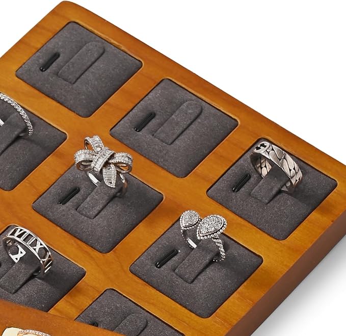 Oirlv Solid Wood Ring Display Stand - 9 Bit Ring Holder & Organizer Tray (Grey)
