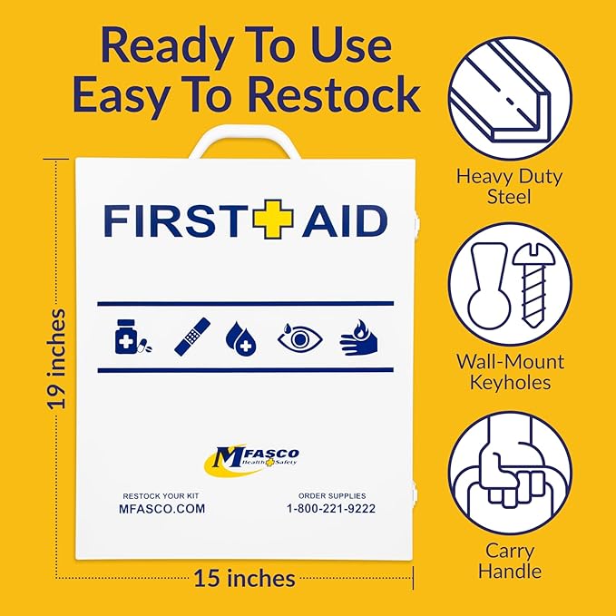 MFASCO 2021 ANSI/OSHA Compliant First Aid Kit - Large, Commercial 3-Shelf Metal Cabinet for Businesses, Wall Mountable - with Medications - ANSI Standard 2021 First Aid Kits, Class B Fill