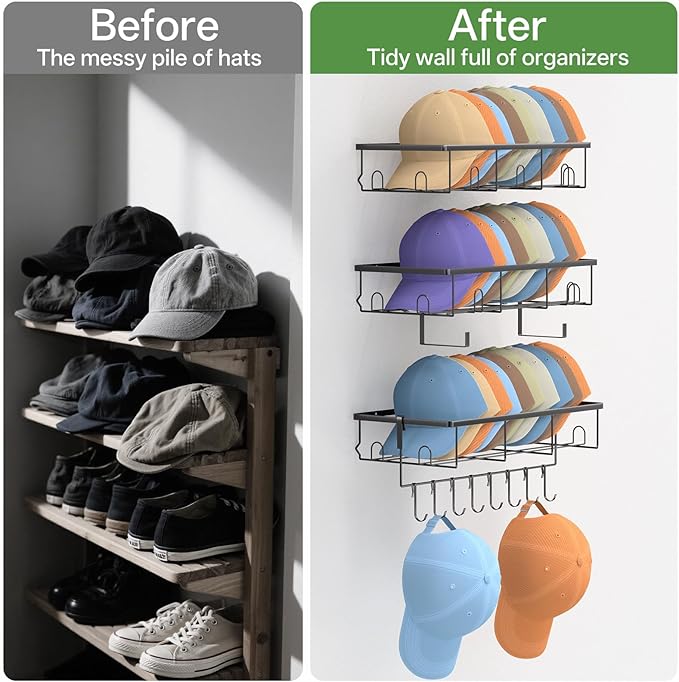 3 Pack Hat Rack for Wall - Hat Organizer for Baseball Caps Wall Mounted Space Saving Hat Shelf for Hats, Caps, Scarves, Keys & More,Durable Hat Holder Suitable for Entryways, Bedrooms,Closets