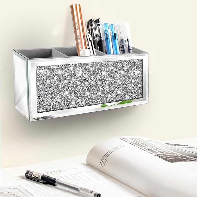 Mirror Hair Dryer Holder. Crystal Crush Diamond Hair Tool Organizer Wall Mount. Silver Bathroom Cabinet Tray for Blow Dryers, Hairdryer Straightener, Brushes and Combs.(10.5”x4”x5”)