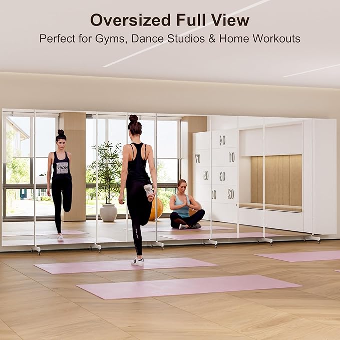 brisafe 67"x55" Folding Mirror with Wheels, 3-Panel Full Length Wall Mirror, Space-Saving Design, Shatterproof Nano Material, Portable Floor Mirror for Gym, Dance Studio, Home, Commercial Use, Silver