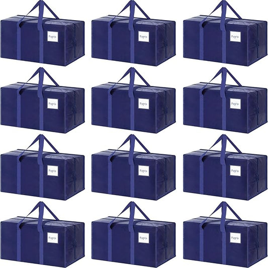 12 Pack Extra Heavy Duty Large Moving Bags with Strong Zipper & Comfortable Handles, Sturdy & Durable Clothes Storage Bags Totes Bins, Packing Moving Boxes for College Supplies, Dark Blue