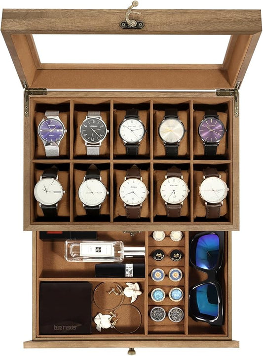 Uten 10-Slot Watch Box, 2-Layers Solid Wood Watch Display Case with Glass Lid, Watch Holder Organizer with Soft Pillow and Velvet Lining, Watch and Jewelry Storage Box, Brown