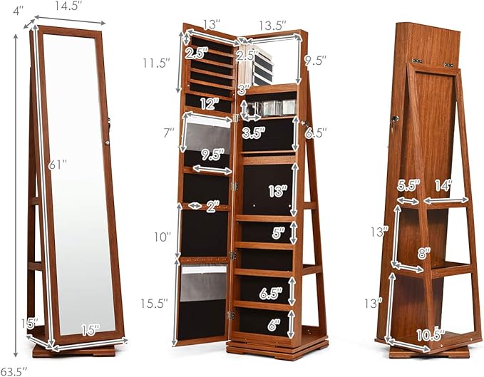 CHARMAID 360° Swivel Jewelry Armoire with Higher Full Length Mirror, Standing Lockable Jewelry Cabinet Organizer with Large Storage Capacity, Inside Makeup Mirror, Back Storage Shelves (Walnut)