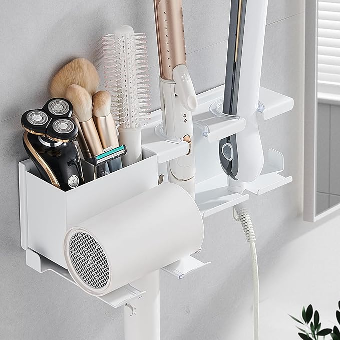 Hair Tool Organizer Wall Mounted,Hair Dryer Holder,blow dryer,curling iron,Straightener holder,Metal 3 in 1 Bathroom Bedroom Hair Accessories Tools Organizer Rack.White