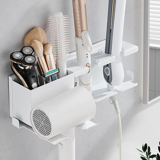 Hair Tool Organizer Wall Mounted,Hair Dryer Holder,blow dryer,curling iron,Straightener holder,Metal 3 in 1 Bathroom Bedroom Hair Accessories Tools Organizer Rack.White