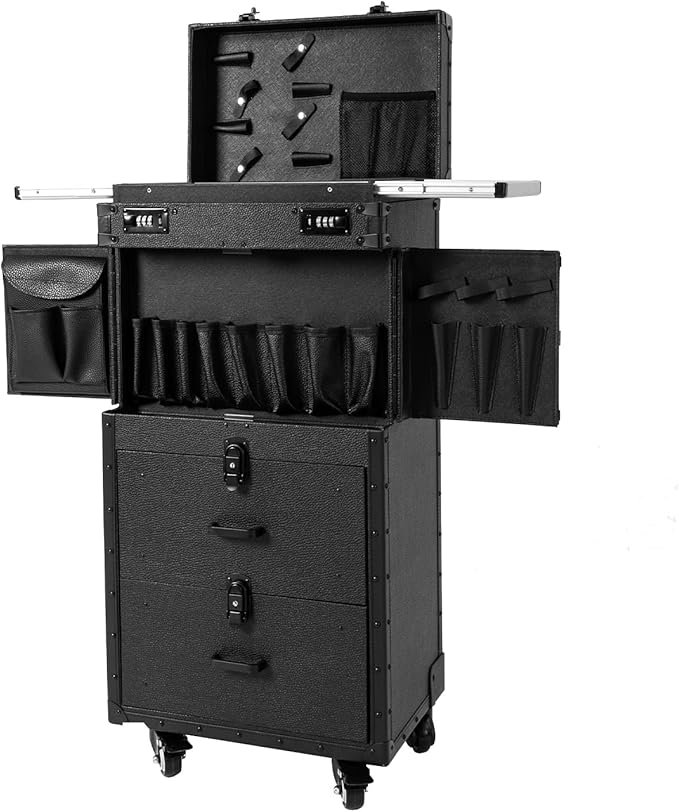 Rolling Makeup Case with Wheels and Locks, Cosmetology Case Makeup Train Case for Salon Barber Large Beauty Salon Luggage Rolling Lockable Makeup Train Extendable Tray Hairdressing (Style 1)