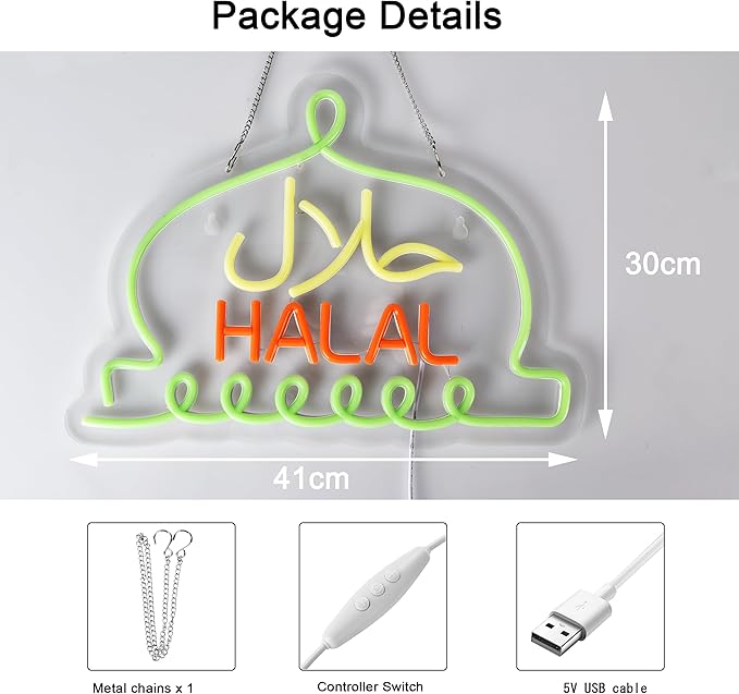 Halal Neon Signs Halal Food Arabic Restaurants Led Light Up Signs for Business Store Wall Decor with Dimmable Switch Christmas Party Gift USB Powered 16.1" x 11.8"