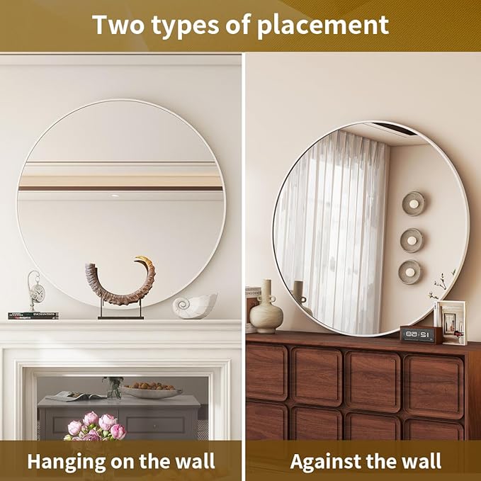 White Round Mirror, 20 Inch Circle Bathroom Mirror with Metal Frame, Wall-Mounted for Entryway, Bathroom, Vanity, Living Room