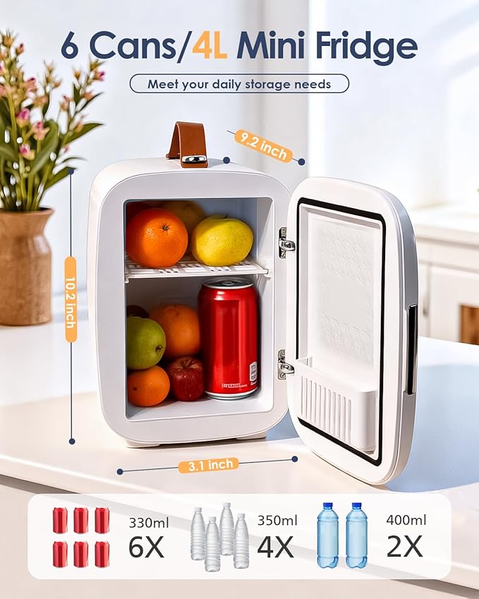 Compact Refrigerator, Portable Mini Fridge for Skincare Food Drinks, 4L/6 Can Electric Plug In Cooler & Warmer, AC/DC Skincare Refrigerator for Bedroom Office Car Dorm (White)