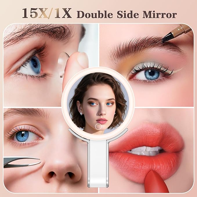 Travel Makeup Mirror with Lights, 15X/1X Double Sided Travel Magnifying Mirror, Portable Beauty LED Mirror, Valentine's Gifts For Her 3 in 1 Tabletop/Handheld/Hanging, 3 Color Lighting, Dimmable Touch