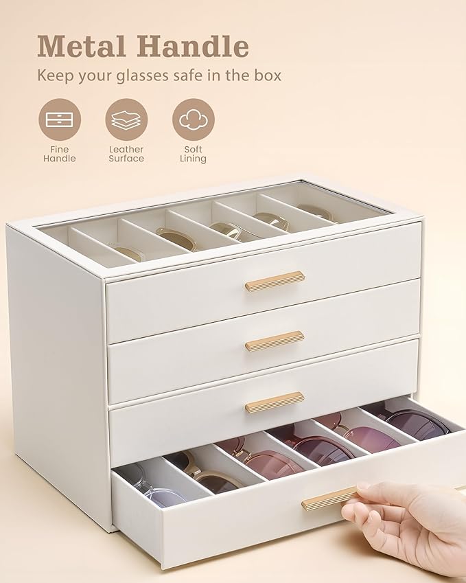 Lolalet Beige Sunglasses Storage Box for Women, Eyewear Eye Glass Organizer with Clear Top Lid Display Holder Case