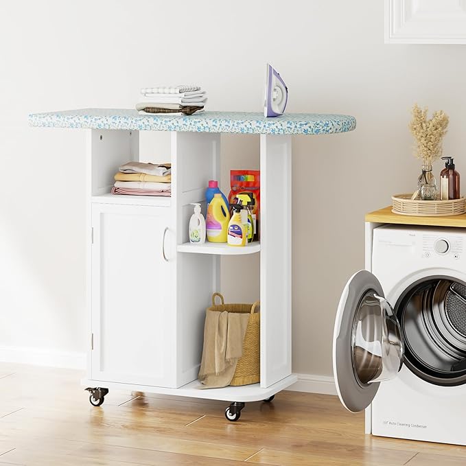 Rolling Ironing Board with Storage Cabinet, Small Ironing Table with Fixed Heat-Resistant Pad, Craft Table with Storage Shelves for Small Spaces, Laundry and Craft Rooms (White Non-Foldable)