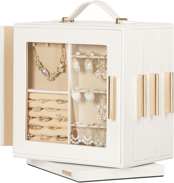 Homde Valentine's Day gifts Jewelry Box 360° Rotating, Necklace Earring Organizer with Transparent Window, Mirror, 7 Drawers, Large Ring Display Storage Case for Girls Women (White)