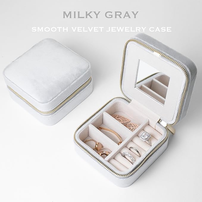 Customizable Compact Velvet Jewelry Box with Mirror, Travel Jewelry Case, Travel Jewelry Organizer, Jewelry Box for Women and Girls, Small Jewelry Organizer (Center Text, Milky Gray)
