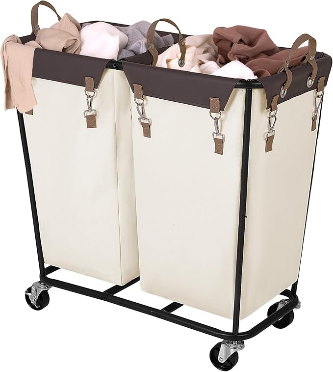 StorageWorks 280L Large Laundry Hamper with Wheels, Laundry Basket with Wheels 2 Sections, Clothes Sorter Cart with Divider for Hotel, Home, Beige, 1-Pack