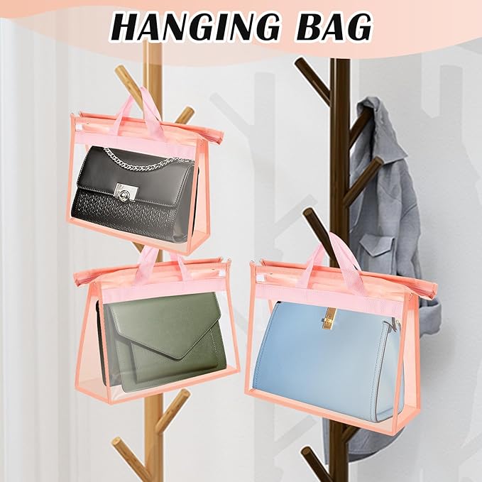 9 Pack Dust Bags for Handbags,Clear Handbag Storage Organizers,3 Sizes Purse Storage Organizer for Closet,Purse Cover Hanging Closet Organizer with Zipper,Handles and Hooks(Pink)