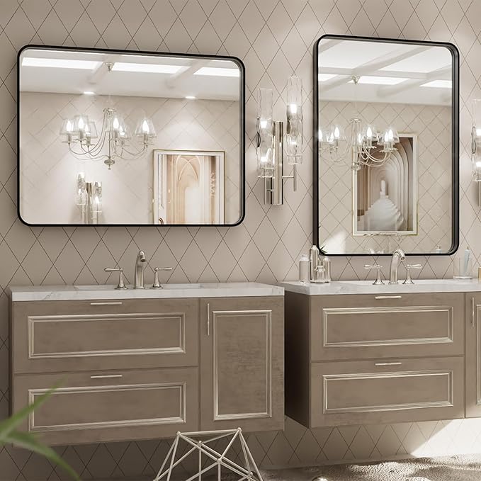 LOAAO 32x36 Inch Black Metal Framed Bathroom Mirror for Wall, Matte Black Bathroom Vanity Mirror Farmhouse, Large Rounded Rectangle Mirror, Anti-Rust, Tempered Glass, Hangs Horizontally or Vertically