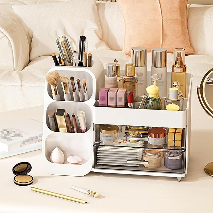 Makeup Organizer with Drawer, Skincare Products Perfume Desk Storage Box, Beauty Holder Rack for Lipstick Brush Eyeliner, Cosmetic Display Case for Dresser Countertop & Bathroom Vanity (White)