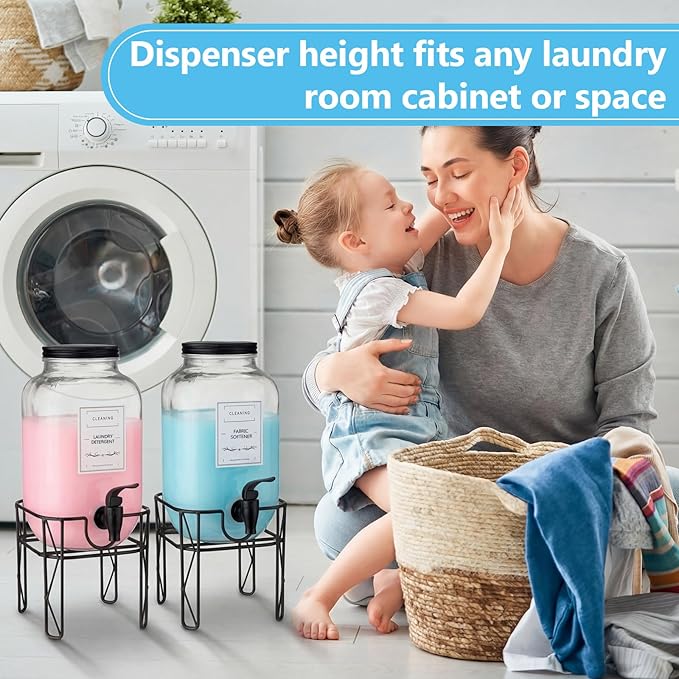 2 Pack 128 oz/ 3.8L Glass Laundry Detergent Dispenser, Liquid Soap Dispenser with Stand, Measuring Cups and Labels, Fabric Softener, Liquid Bleach Container for Laundry Room Organization