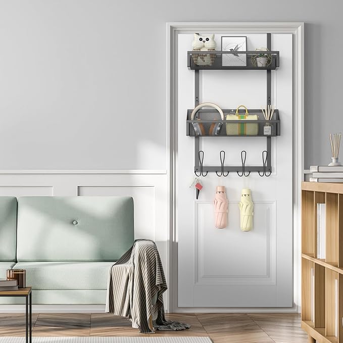 Over The Door Hooks Organizer, Over The Door Shower Caddy, Over The Door Towel Rack Back of Storage with 12 Hooks & 2 Mesh Baskets Door Hanger Organizer for Bathroom,Kitchen,Bedroom(Black)