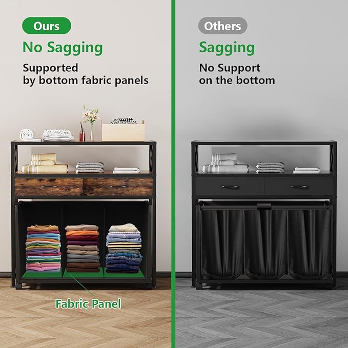 Laundry Hamper 3 Section, 150L Rolling Laundry Sorter Basket with 2 Shelves and 2 Drawers, 3 Compartment Clothes Organizer Cart with Wheels, Pull-Out Bags for Laundry Room, Bathroom, Bedroom