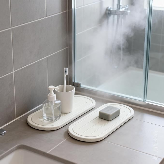 2PCS Water Absorbing Stone Drying Tray Mat for Bathroom Sink & Kitchen Counter Faucet Organizer Decor, Quick Dry Dish Soap Dispenser Sponge Holder, Vanity Sink Caddy Coaster,White -10"*3.8"