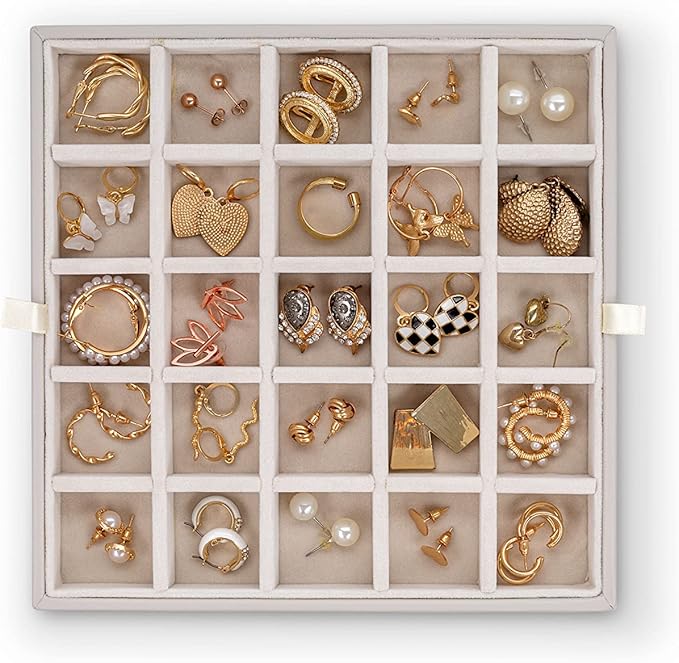 Glenor Co Earring Organizer - Classic 50 Section Jewelry Box/Case/Holder for Earrings, Rings, Necklaces, Jewelry, Cufflinks or Collections -2 Layer Small Compartments with Large Glass Top - Grey