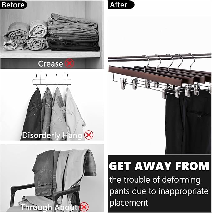 Amber Home Retro Wooden Pants Hangers with 2-Adjustable Clips, Walnut Wood Skirt & Trouser Hangers for Jeans, Slacks, Shorts (Vintage, 10 Pack)