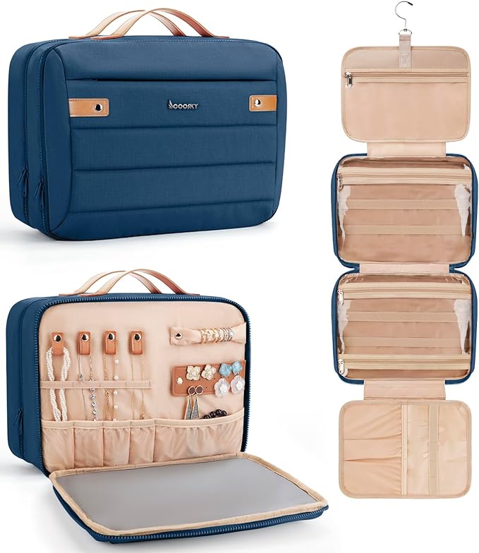 Women's Hanging Toiletry Bag, Waterproof Travel Cosmetic Organizer with Jewelry Storage, Large Capacity Makeup Case for Full-Size Skincare & Bathroom Essentials, Portable Cosmetic kit, Navy