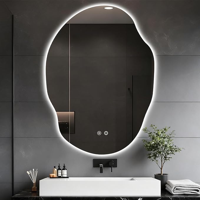Asymmetrical Bathroom Mirror with Lights,Irregular LED Bathroom Vanity Mirror with Backlit,Anti-Fog,3 Colors and Dimmable Light with Memory,Hardwired Supported[Horizontal/Vertical] 40" H x 30" W