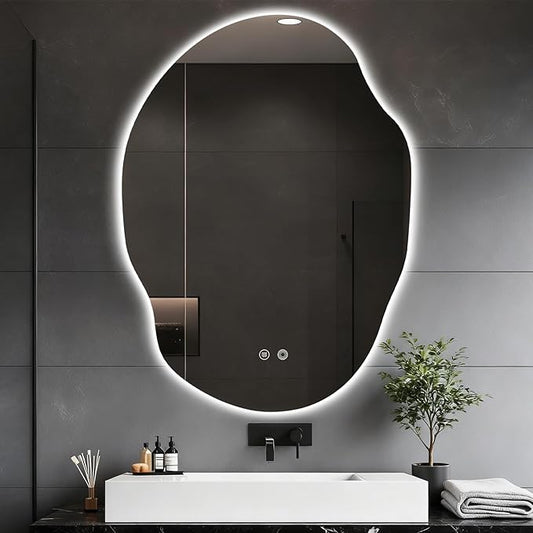 Asymmetrical Bathroom Mirror with Lights,Irregular LED Bathroom Vanity Mirror with Backlit,Anti-Fog,3 Colors and Dimmable Light with Memory,Hardwired Supported[Horizontal/Vertical] 40" H x 30" W