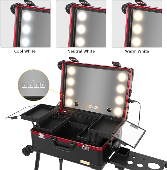 20" Aluminum Ligthed Makeup Train Case with LED Lights Professional Cosmetic Organizer Studio with Speaker, Wheels and Stands Rolling Trolley Makeup Vanity Station for Travel (Black)