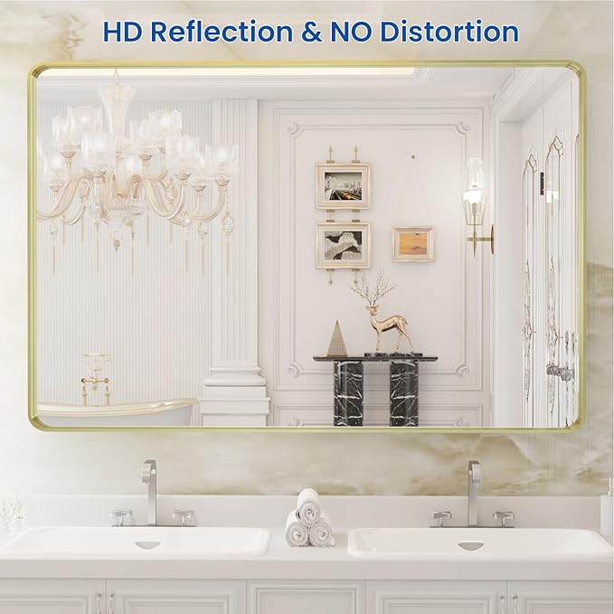 WEER Gold Bathroom Mirror, 48X32 Inch Brushed Gold Metal Frame Mirror, Rounded Rectangle Gold Bathroom Vanity Mirror for Wall, Tempered Glass, Anti-Rust, Hangs Horizontally or Vertically