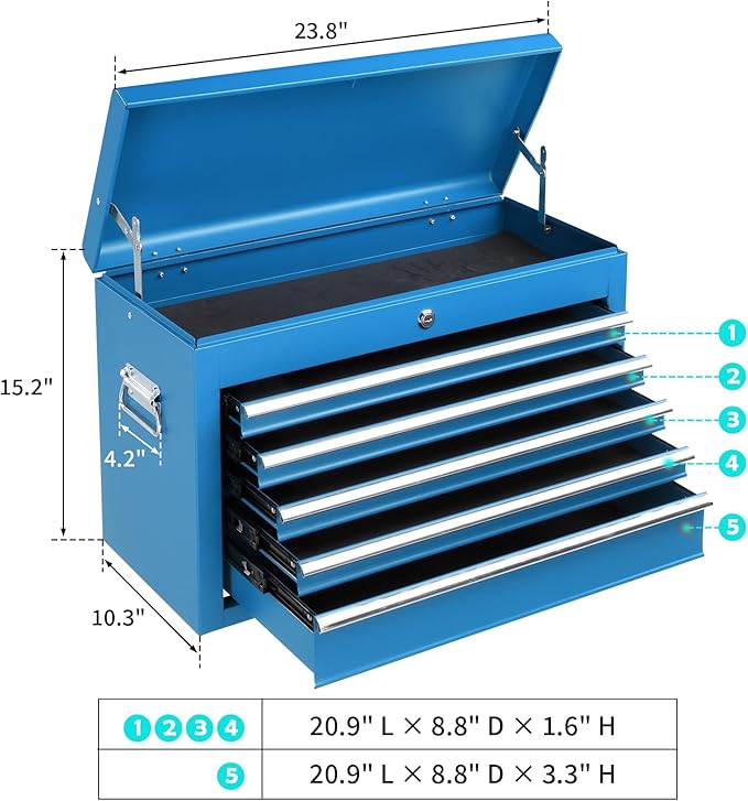Winado 24" Portable Tool Box, 5 Drawer Tool Chest with Carry Handle, Top Case, Ball Bearing Runners, Lockable Metal Hand Toolbox for Garage, Warehouse, Repair Shop & Home, Blue