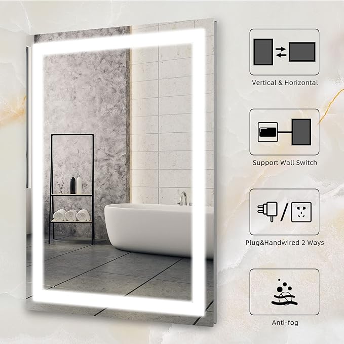 LED Bathroom Mirror 24"x32" Single Color 6000K,Super Bright,LED Mirror for Bathroom Lighted for Wall-Mounted Vanity Mirror with Front Light Anti-Fog,Shatterproof,Non-Touchscreen Switch