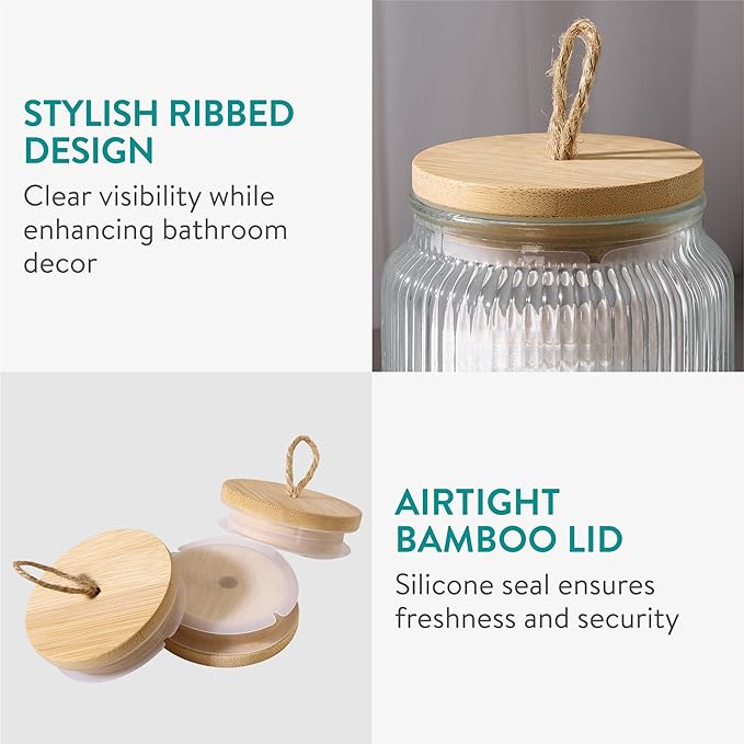 Navaris Bathroom Storage Ribbed Glass Canister Set of 3 - Multipurpose & Airtight for Cotton Wool Ear Buds, Pads, Q Tips, & Make Up - Organiser for Vanity & Dressing Table Decor