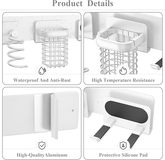 Tindbea Upgraded Aluminum Alloy Hair Dryer Holder Wall Mounted with Built-in Cord Wrap,3-in-1 Hair Tool Organizer for Blow Dryer, Curling Iron, and Straightener, White