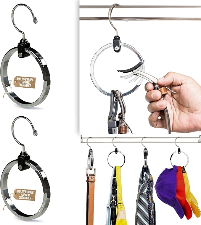 Multipurpose Closet Hangers, 50 Tie Belt Hanger for Closet, Great Space Saving Belt Organizer for Wardrobe, Ideal for Storing Belts, Ties, Scarfs, Baseball Hats, Purses & More, 2 Pack