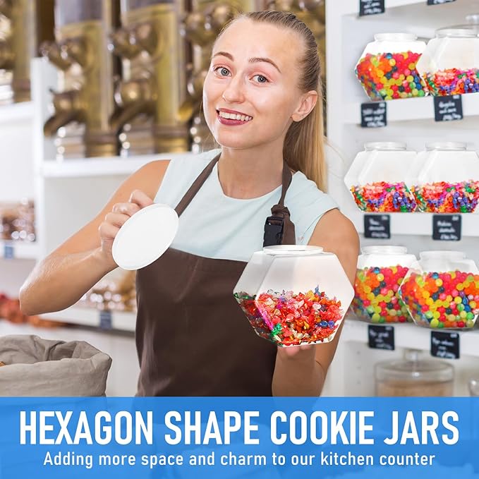 Uiifan 1 Piece Plastic Candy Jar with Lid Cookie Jar Clear Hexagonal Fish Bowls Containers for Snacks, Dog Food, Desk Pet, Craft and Sewing Supplies, Coffee Pod, Laundry Pod Storage Display(70 oz)