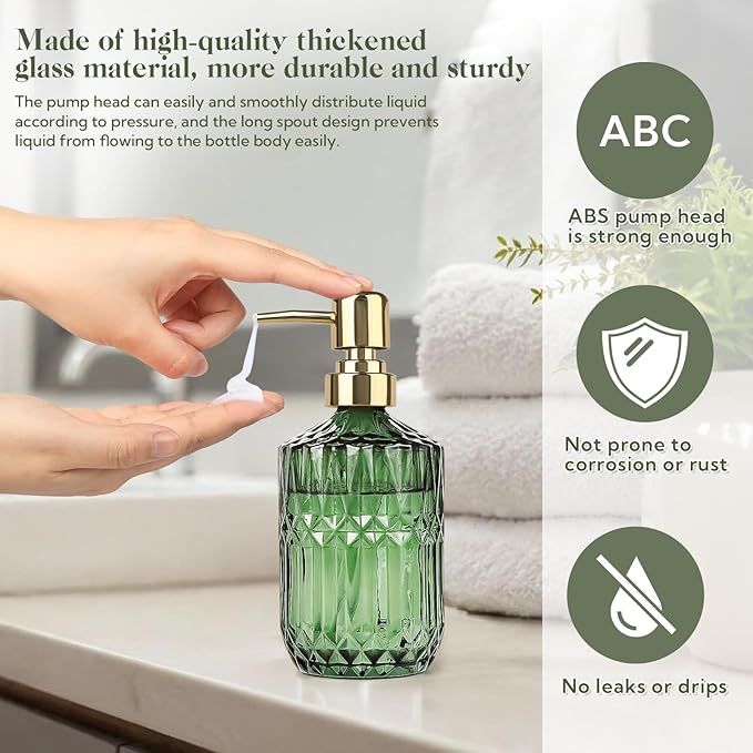 6 Pack Glass Soap Dispenser with Pump 15.2 oz Refillable Liquid Hand Soap Dish Soap Dispensers Vintage Soap Dispenser Liquid Bottle for Kitchen Sink Bathroom Counter(Green,Gold Pump Head)
