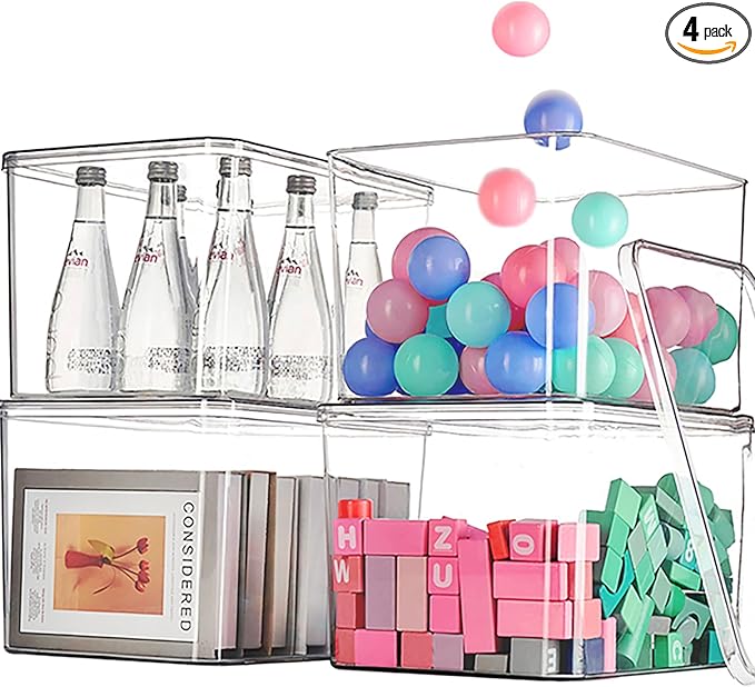 Clear plastic storage bins with LIDS,storage containers for snacks, cosmetics, books, dog food, Storage Organizer for Nursery，Kitchen, Living room,Bedroom, Bathroom, Office (clear, 4XL)