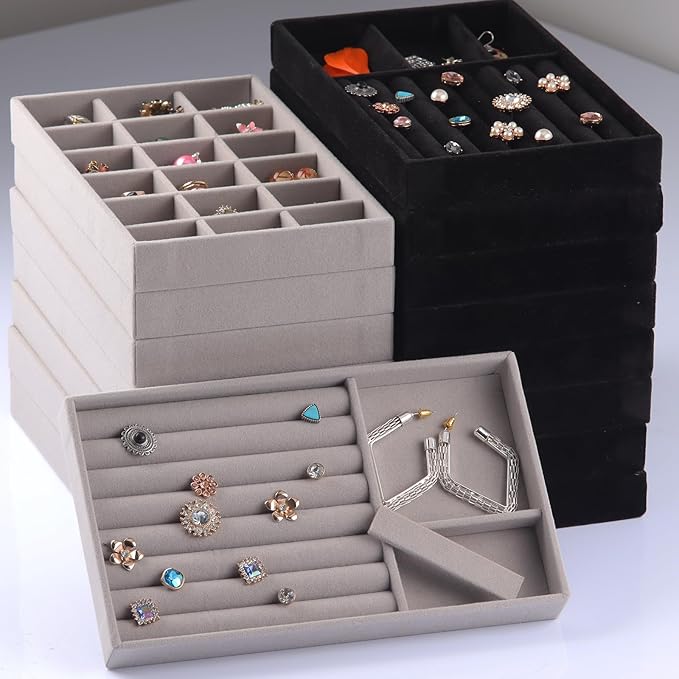 Jewelry Trays,Grey Velvet Stackable Organizer Trays,Drawer Inserts Jewelry Display Case For Rings Stud Necklaces Earring Organizer Tray for Women Girls-8 Pack