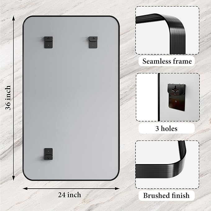Black Bathroom Mirrors for Over Sink,24X36 Inch Matte Metal Framed Vanity Rounded Rectangle Vanity Mirror, HD Tempered Glass, Anti-Rust, Horizontally or Vertically Hanging