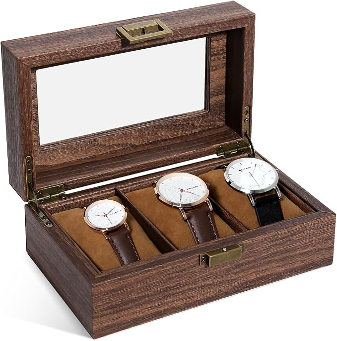 Uten Watch Box 3 Slots, Watch Case Organizer with Real Glass Lid, Wood Grain PU Leather Watch Display Storage Box with Removable Imitation Suede Watch Pillows, Metal Clasp