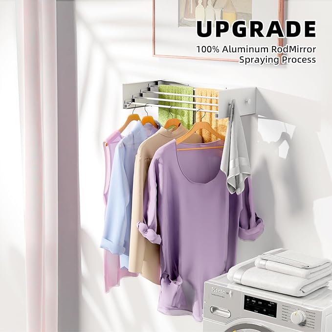 Upgrade Laundry Drying Rack, 23.6" Drying Rack Clothing Wall Mounted,Foldable, 4 Aluminum Rods with 4 Hooks, Space-Saving White Collapsible Drying Racks Hanger for Laundry Bathroom