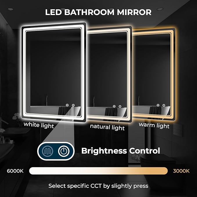 WallBeyond LED Bathroom Mirror with Lights, 28'' x 36'' Led Bathroom Vanity Mirror for Wall with Front and Backlit, Anti Fog Mirror for Bathroom, 3 Colors and Dimmable Light, Horizontal/Vertical
