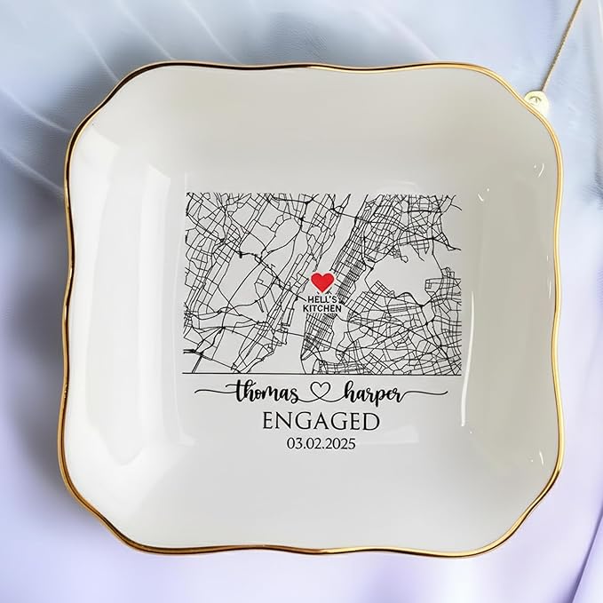 Chillever Custom Map Engaged Trinket Dish, Location Engagement Gifts For Couple Jewelry Tray, Ring Dish, Newly Engaged Ring Holder Best Gift For Lover 1